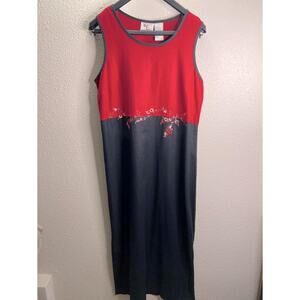 Ease Sport Vintage Women Red/Black Linen Blend Embroidered Florals Maxi Dress 10